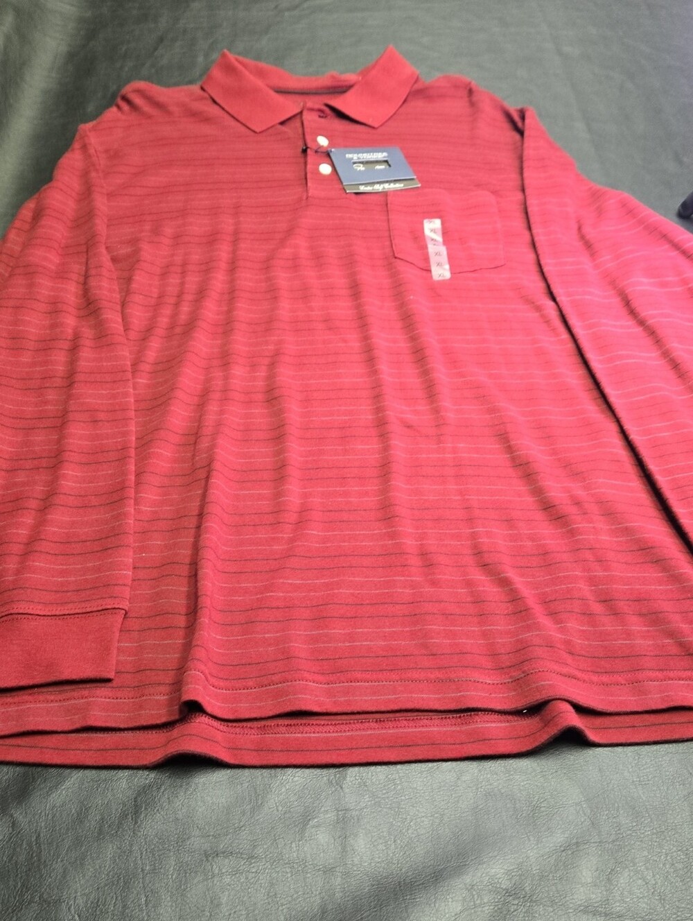 Roundtree & Yorke Men's Long-Sleeve Polo in Burgundy with Subtle Stripes